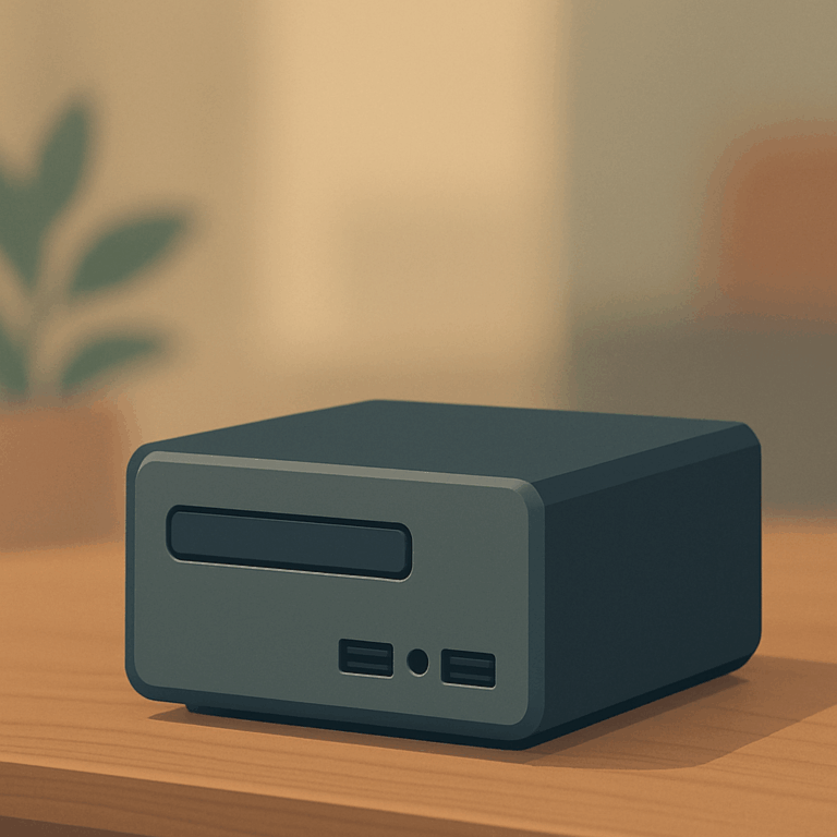 مینی کیس کوچک و جمع‌وجور بر روی میز کار